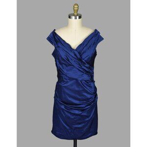 RICKIE FREEMAN TERI JON NAVY BLUE TAFFETA OFF THE SHOULDER COCKTAIL DRESS